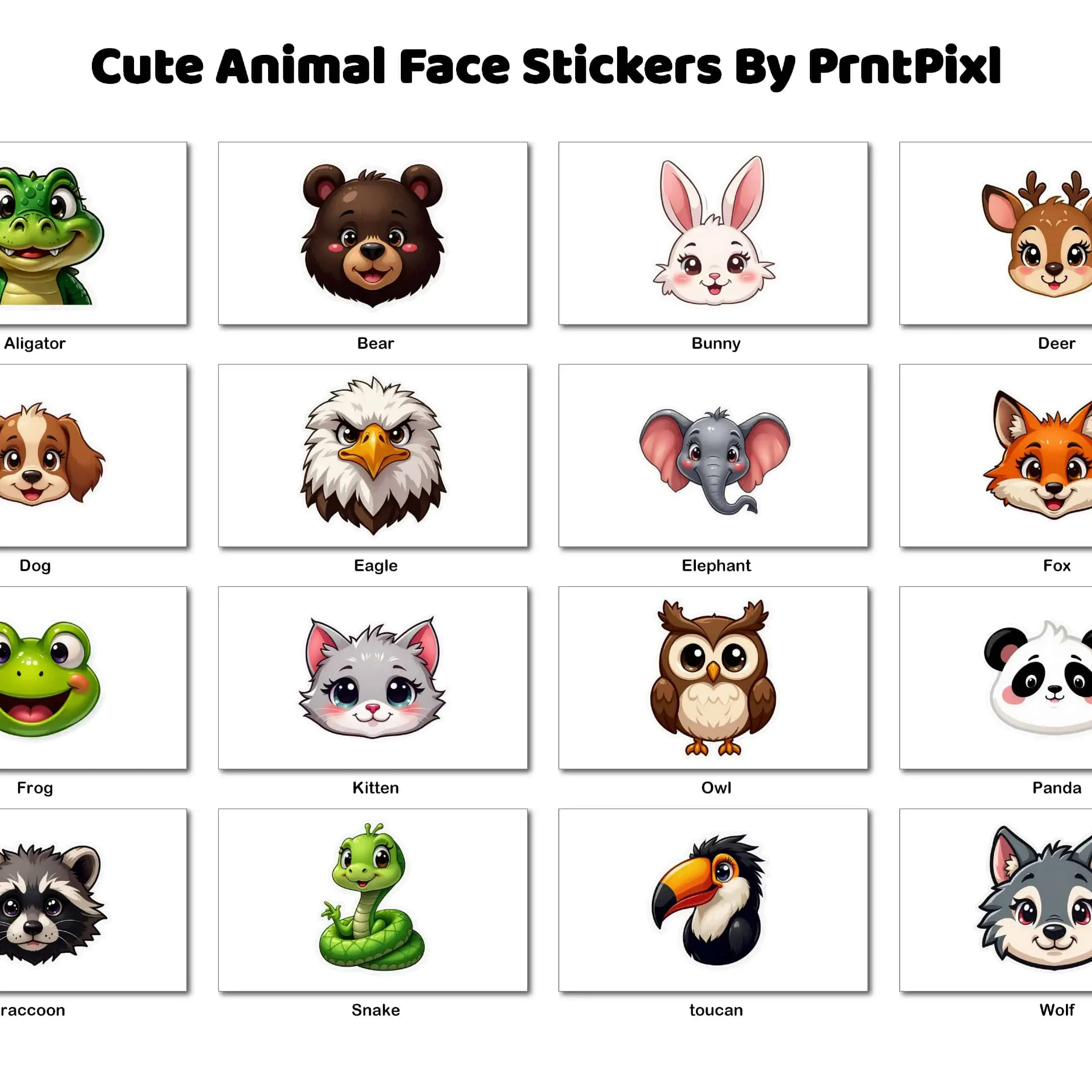 12 Cute Animal Face Stickers For Kids and Bookmarks