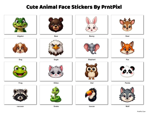 12 Cute Animal Face Stickers For Kids and Bookmarks