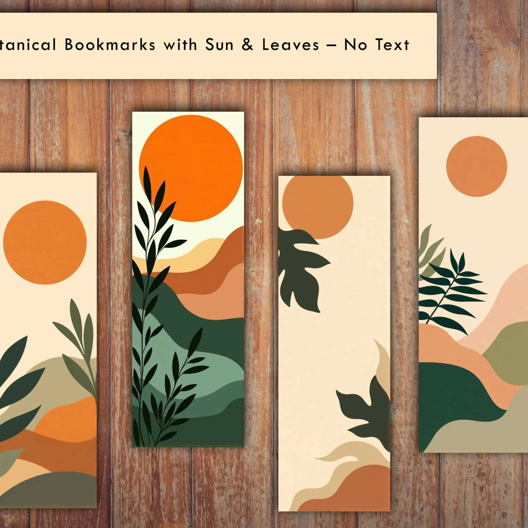 4 Abstract Botanical Bookmarks with Sun & Leaves – No Text