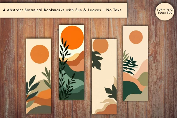 4 Abstract Botanical Bookmarks with Sun & Leaves – No Text