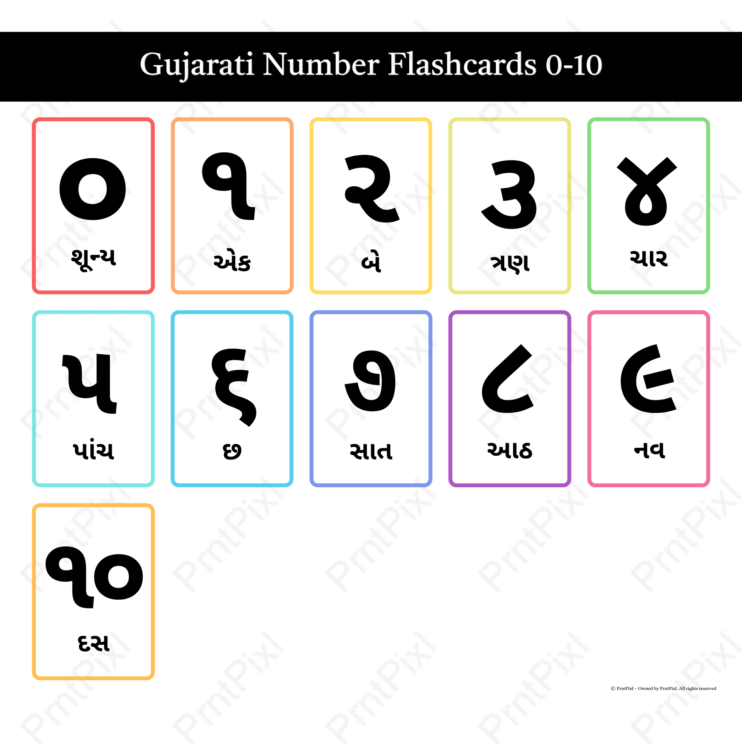 A4 Gujarati Number Cards 0 to 10 Preschool Learning Printable
