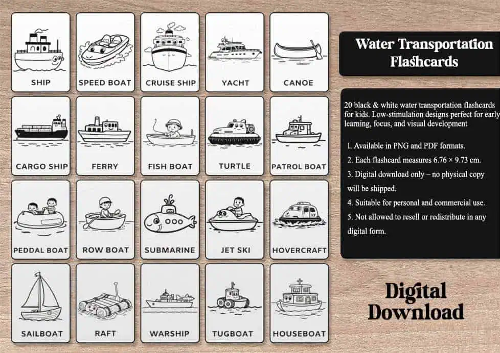 Autism & Toddler Learning Water Transportation Cards