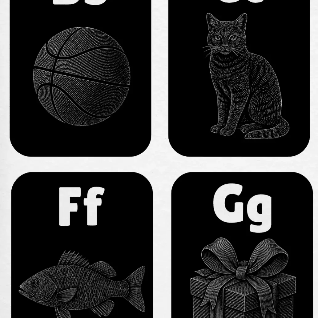 Black Illustation on Black Backgroun Upper and Lowercase Alphabet Flashcards