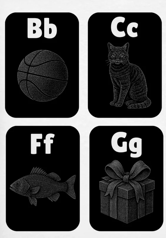 Black Illustation on Black Backgroun Upper and Lowercase Alphabet Flashcards