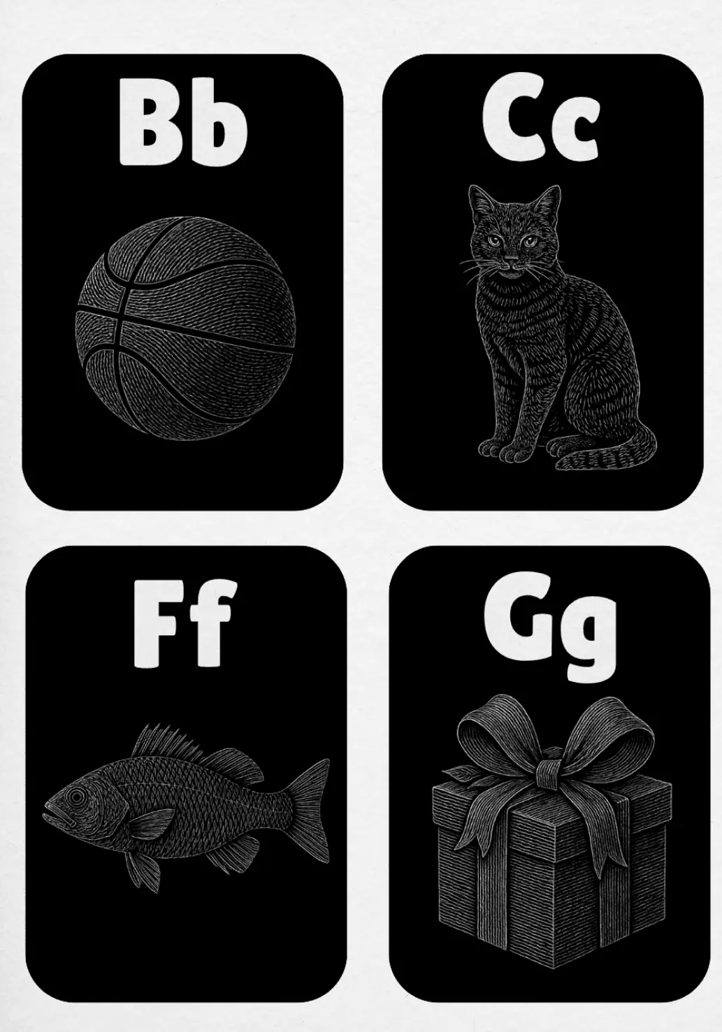 Black Illustation on Black Backgroun Upper and Lowercase Alphabet Flashcards