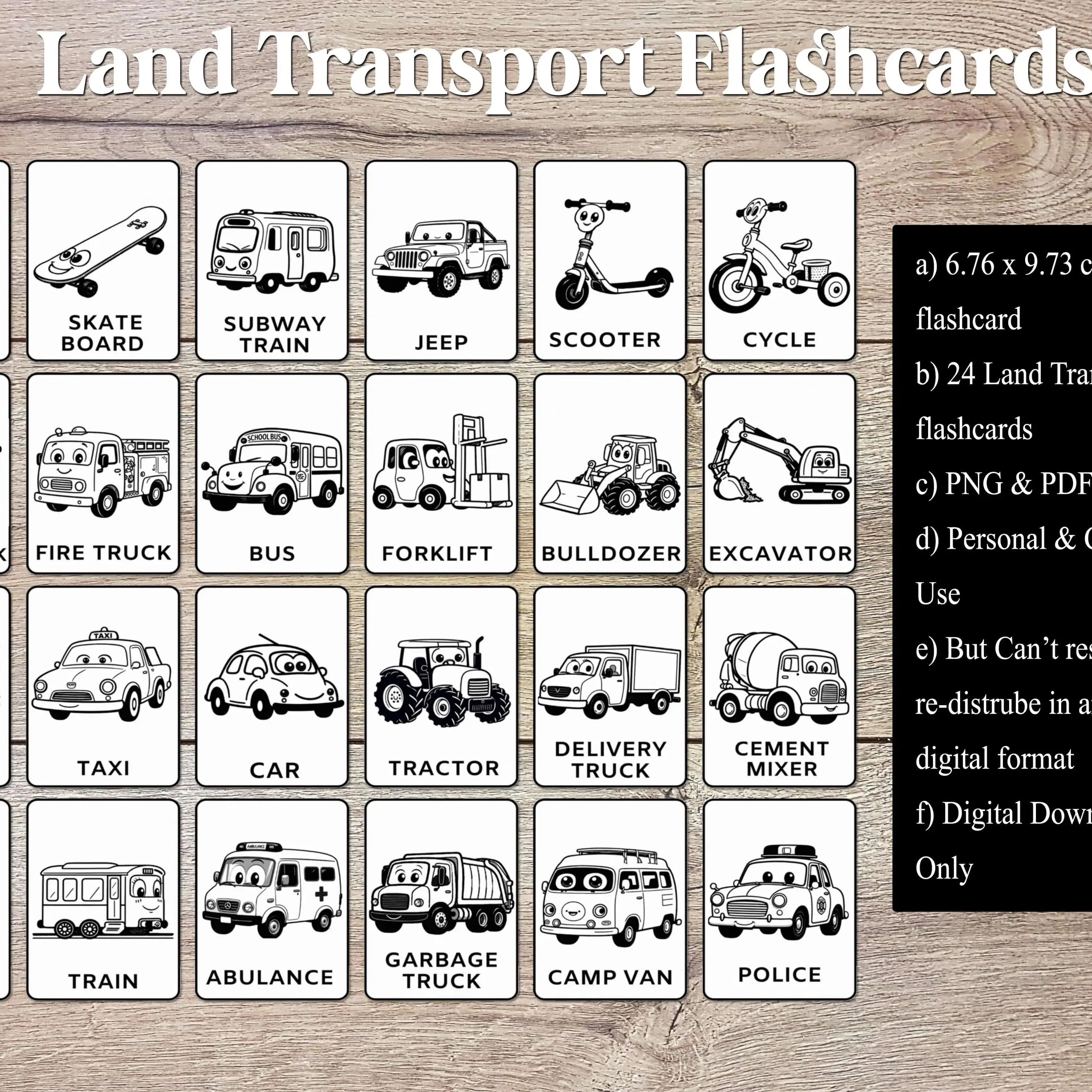 Black and White Land Transportation Flashcards for Babies