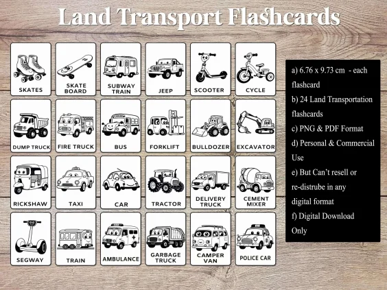 Black and White Land Transportation Flashcards for Babies