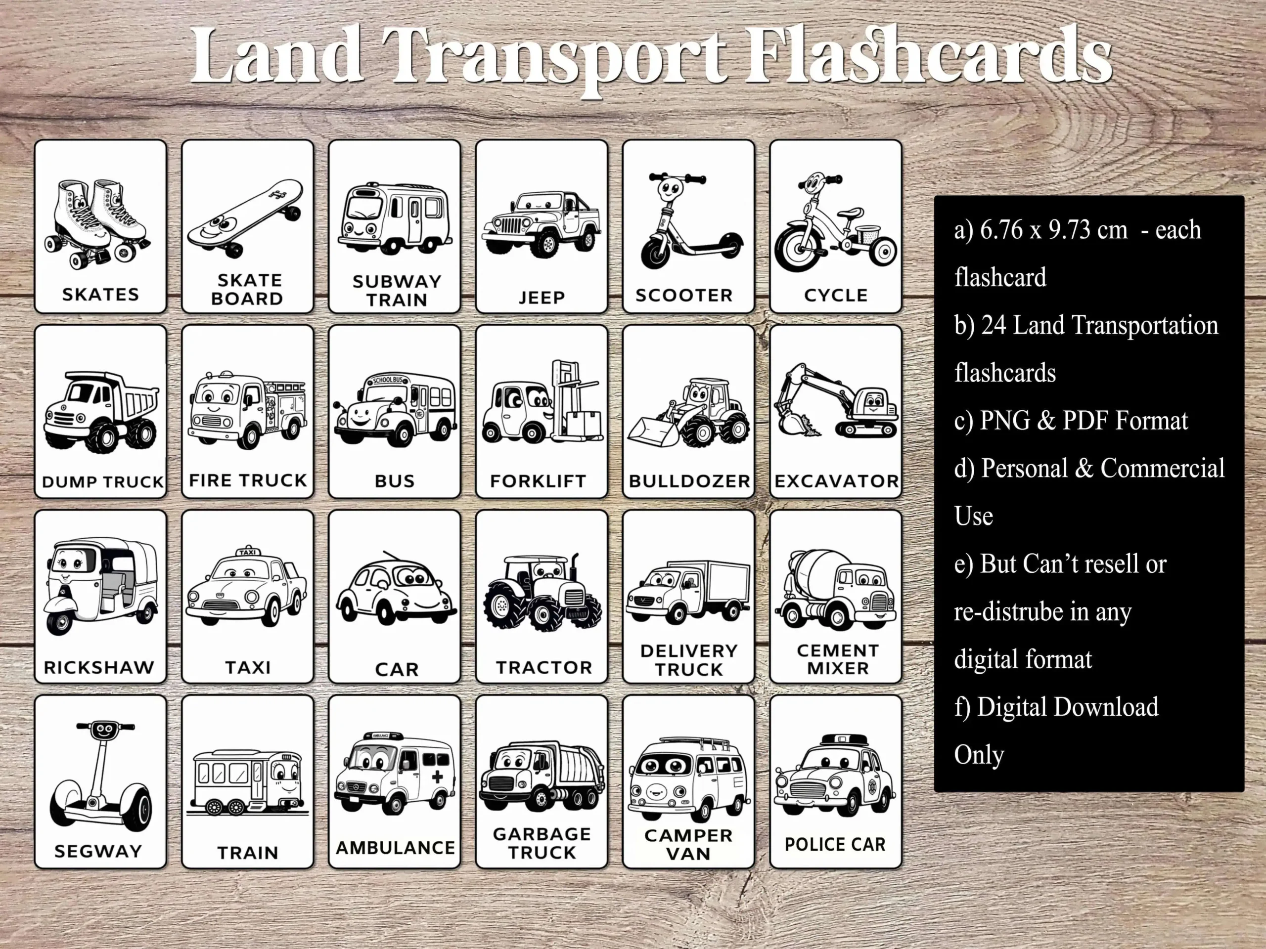 Black and White Land Transportation Flashcards for Babies