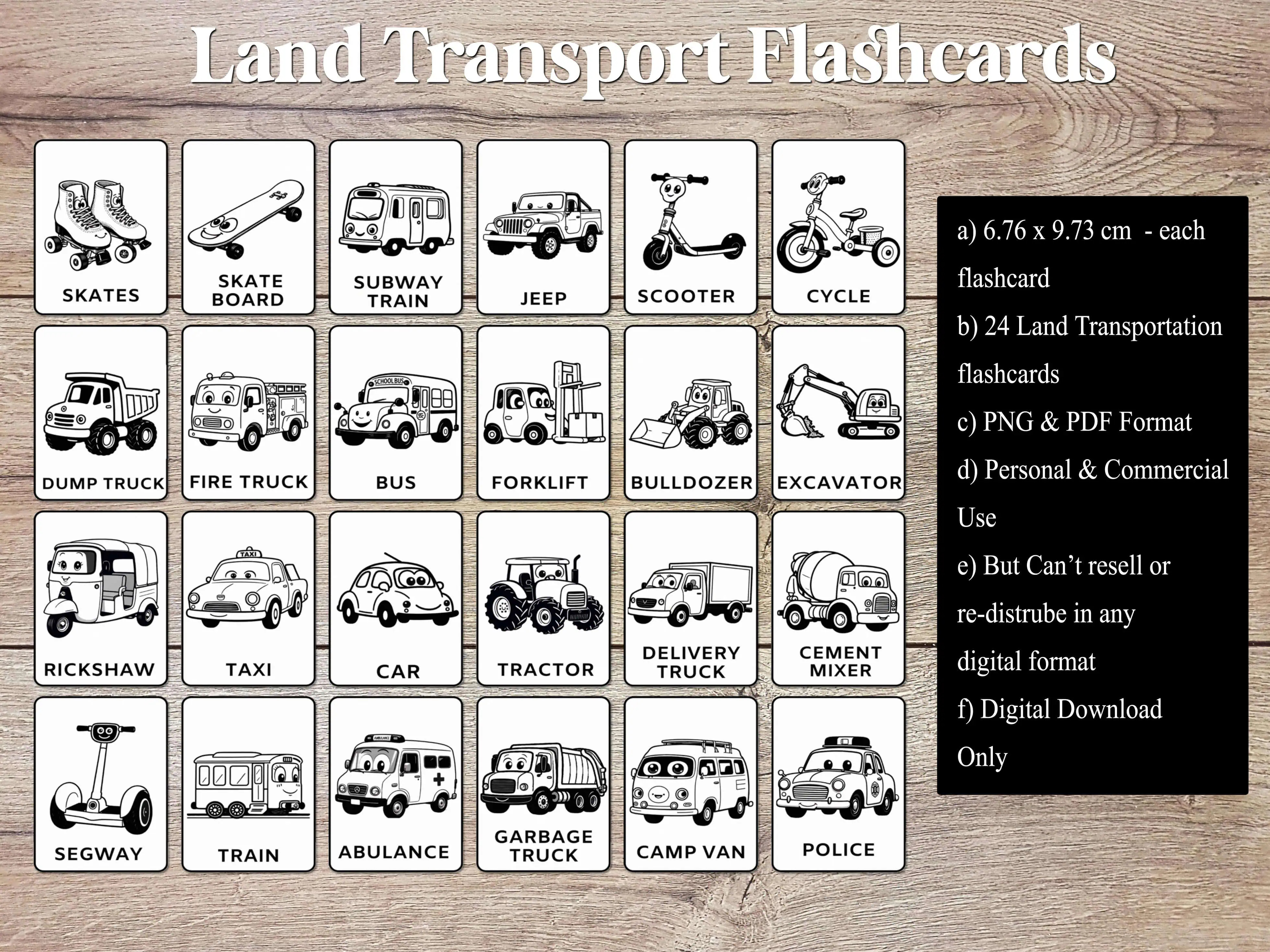 Black and White Land Transportation Flashcards for Babies