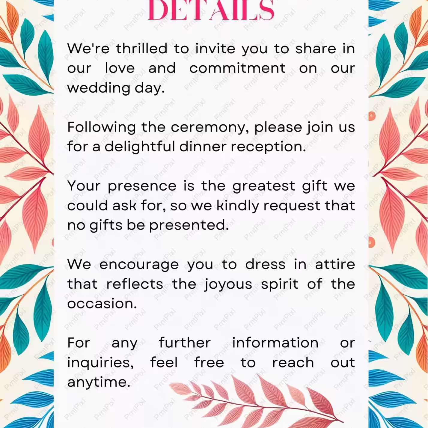 Botanical Leaves Wedding Details Template