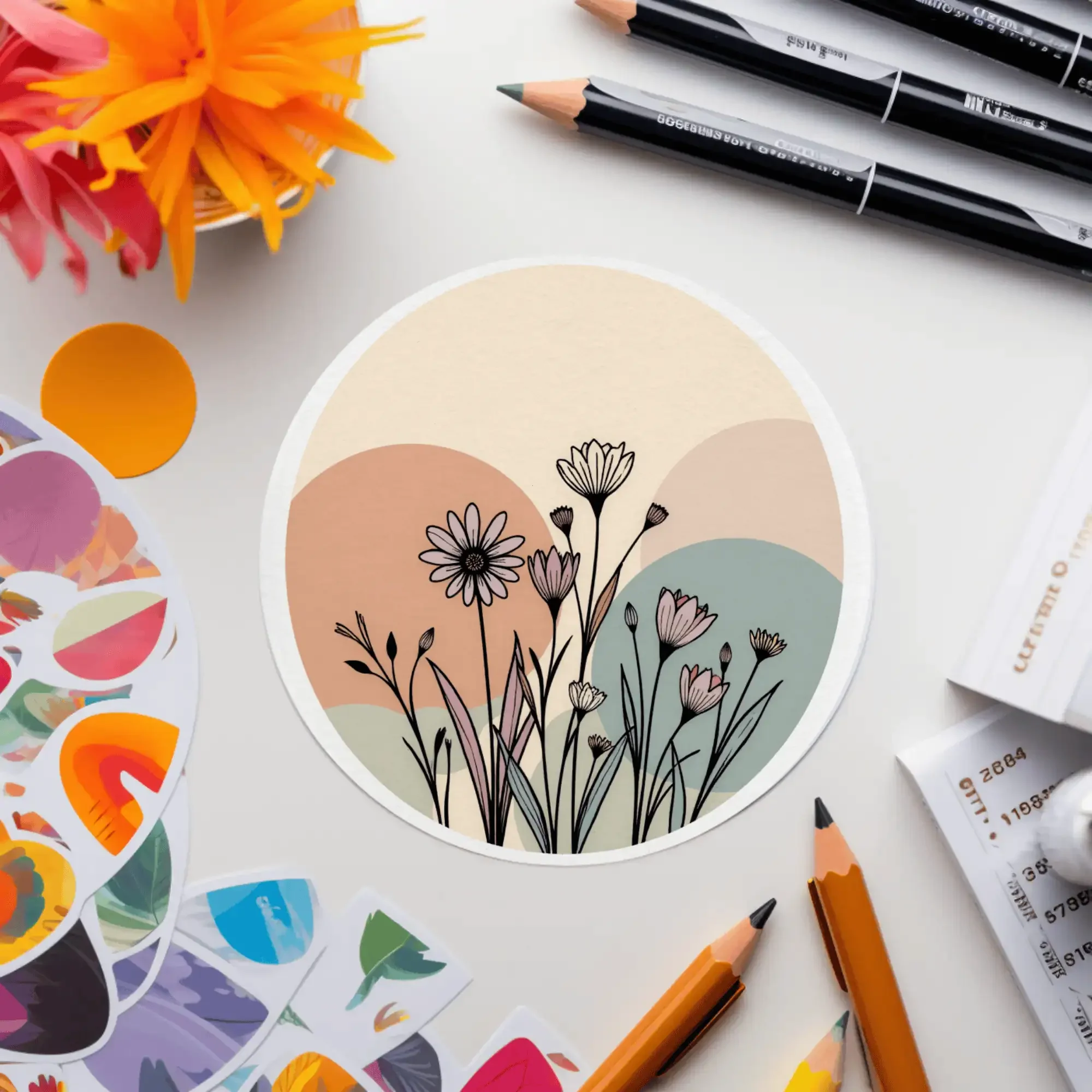 Continuous Line Botanical Flower Sticker