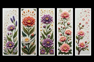 Digital Floral Bookmark with Embroidery Style – PNG Format Preview