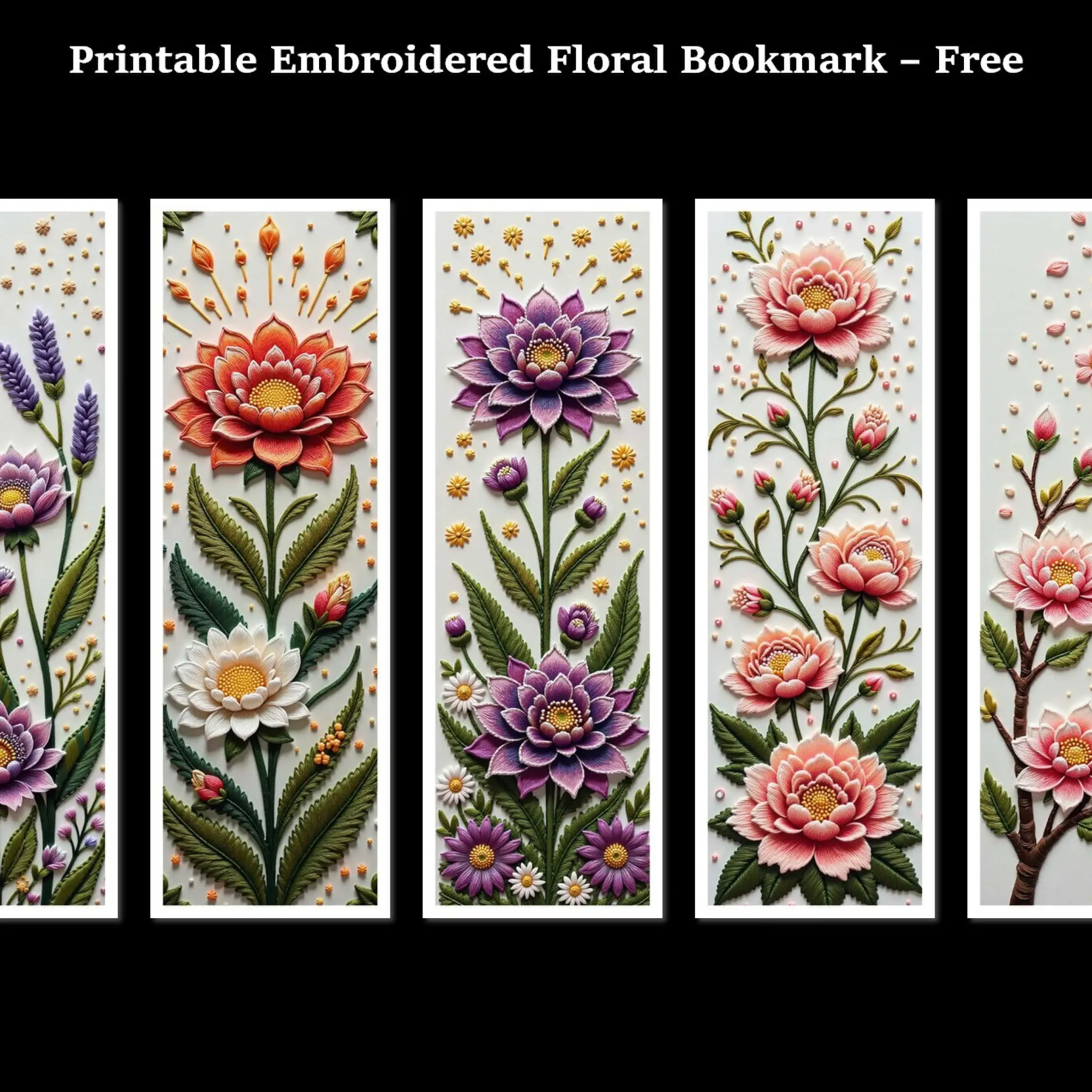 Digital Floral Bookmark with Embroidery Style – PNG Format Preview