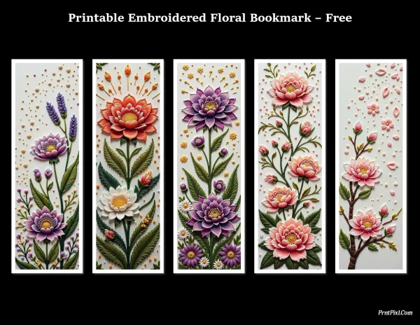 Digital Floral Bookmark with Embroidery Style – PNG Format Preview