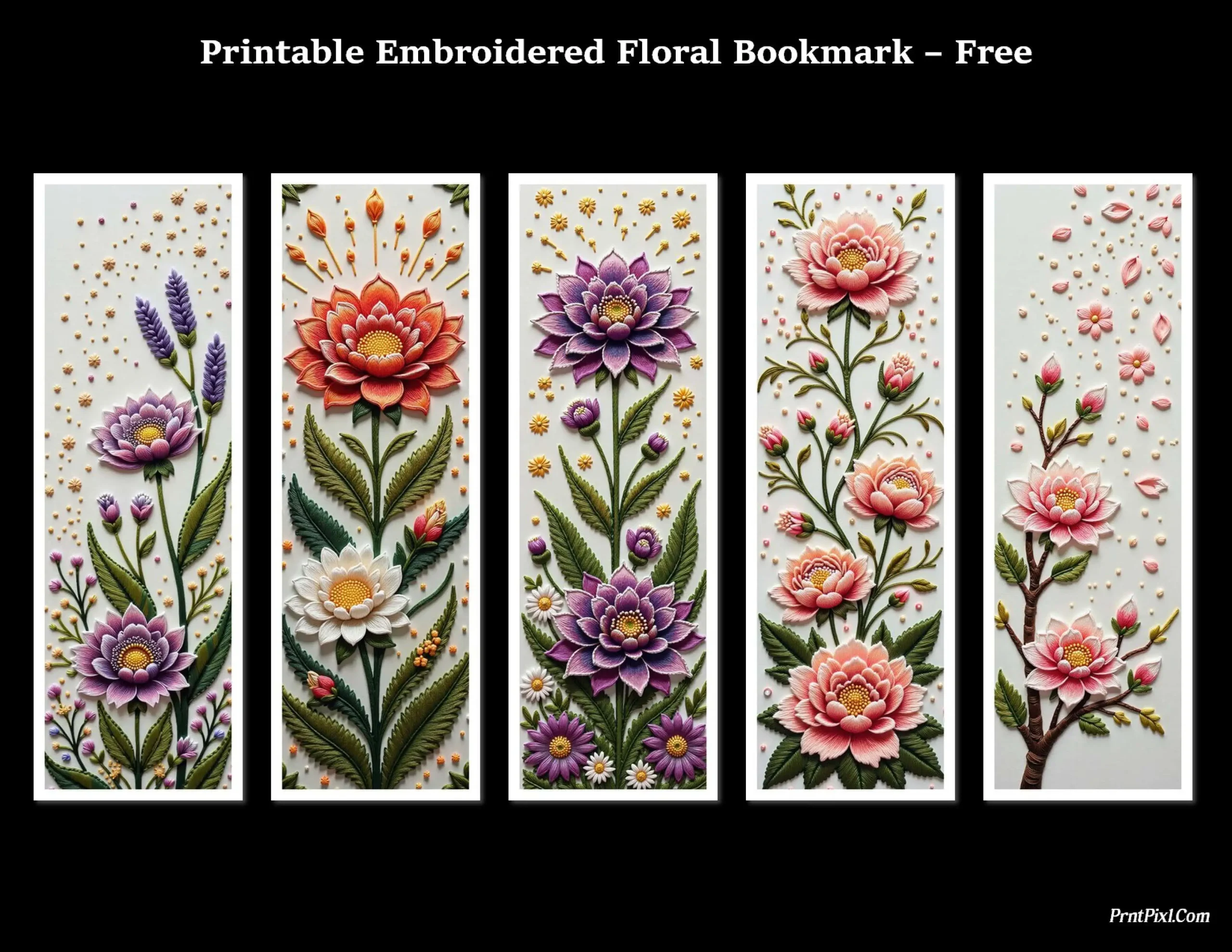 Digital Floral Bookmark with Embroidery Style – PNG Format Preview