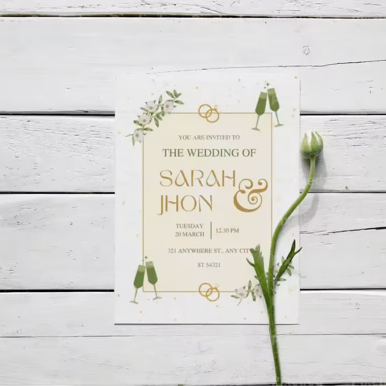 Editable Wedding Invitation Golden Green Floral Template