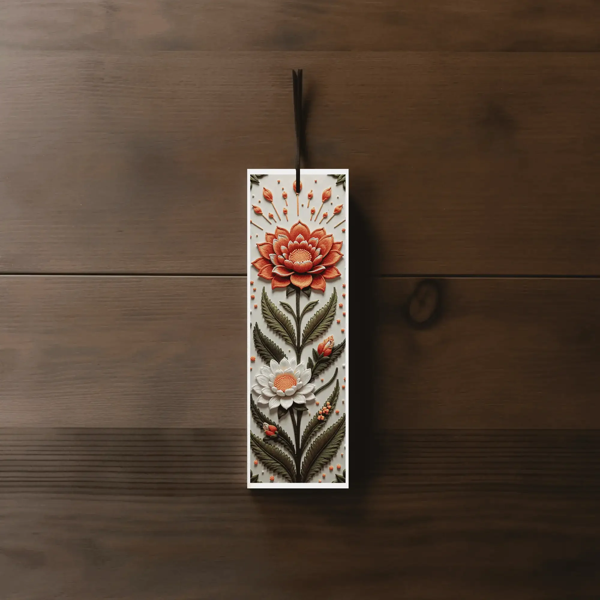 Hand-Stitched Look Bookmark with Pink and Green Floral Pattern
