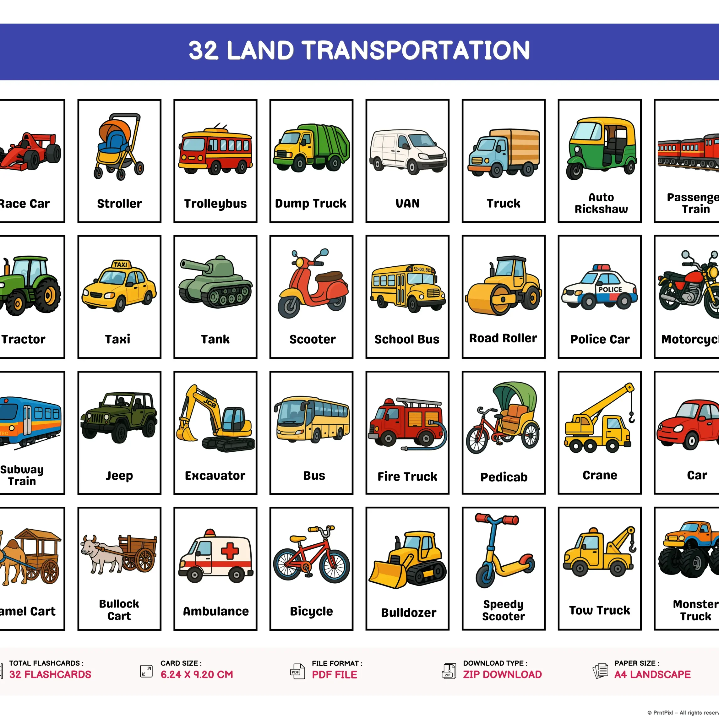 Land Transportation Flashcards set for kids
