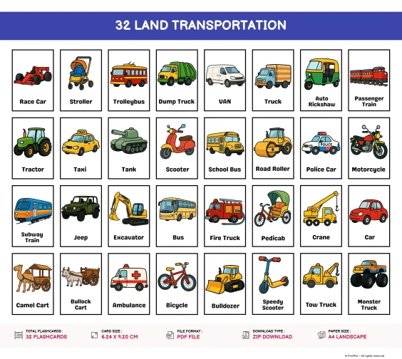 Land Transportation Flashcards set for kids Land Transportation Flashcards set for kids