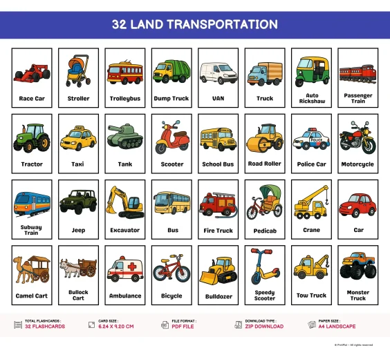 Land Transportation Flashcards set for kids