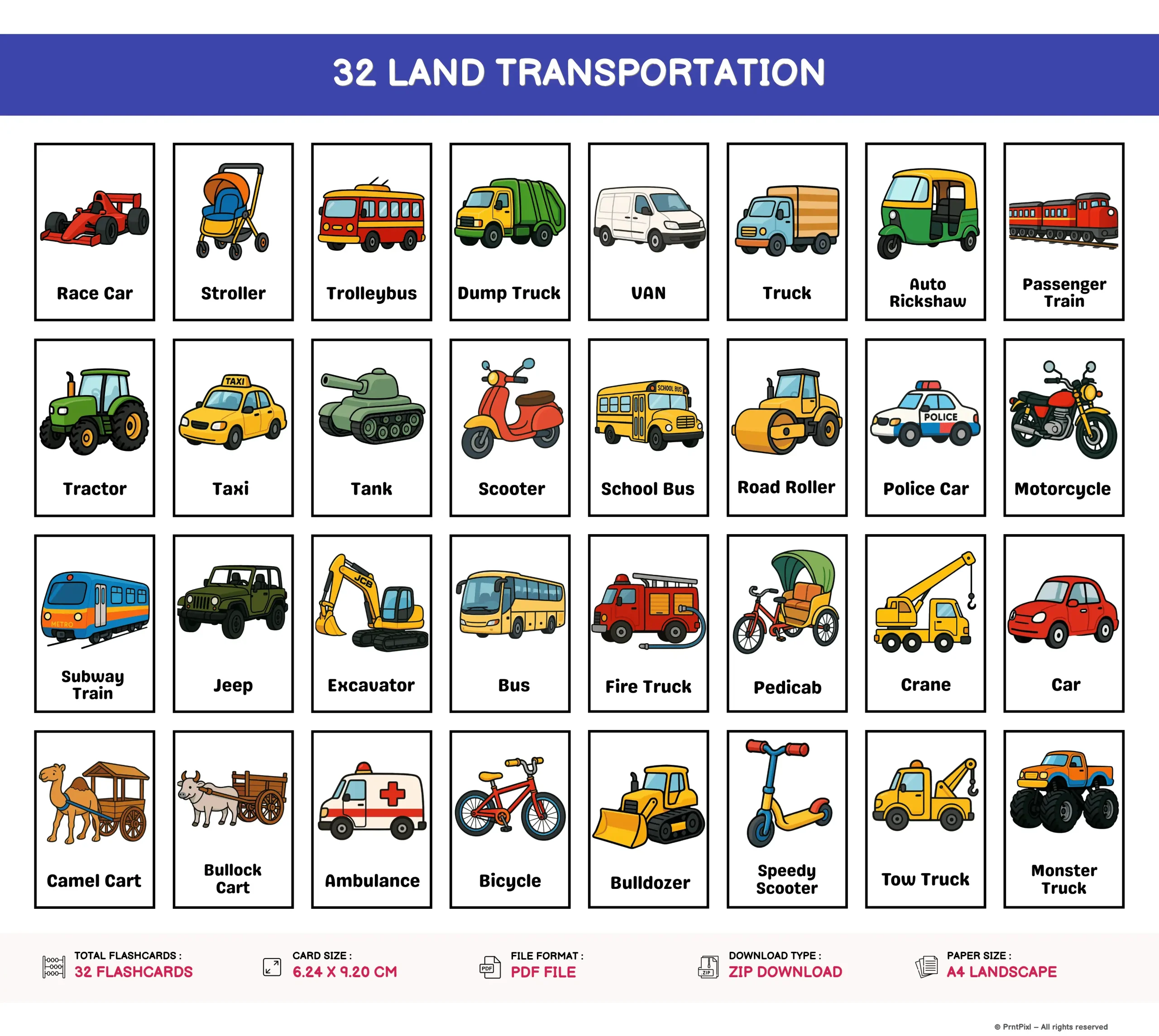 Land Transportation Flashcards set for kids