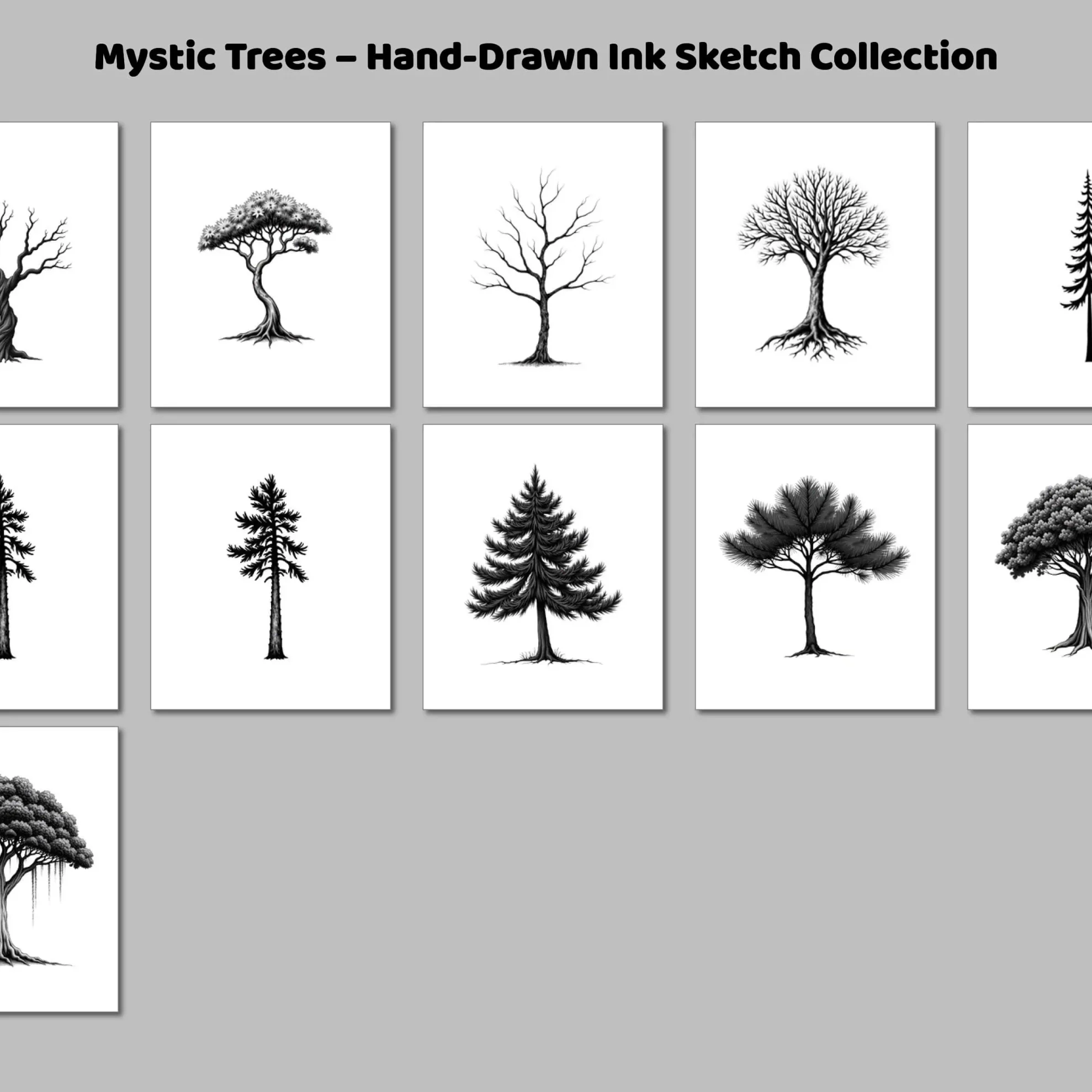 Hand-drawn black ink tree illustration from the Mystic Tree Collection, centered in a white 500x500 frame