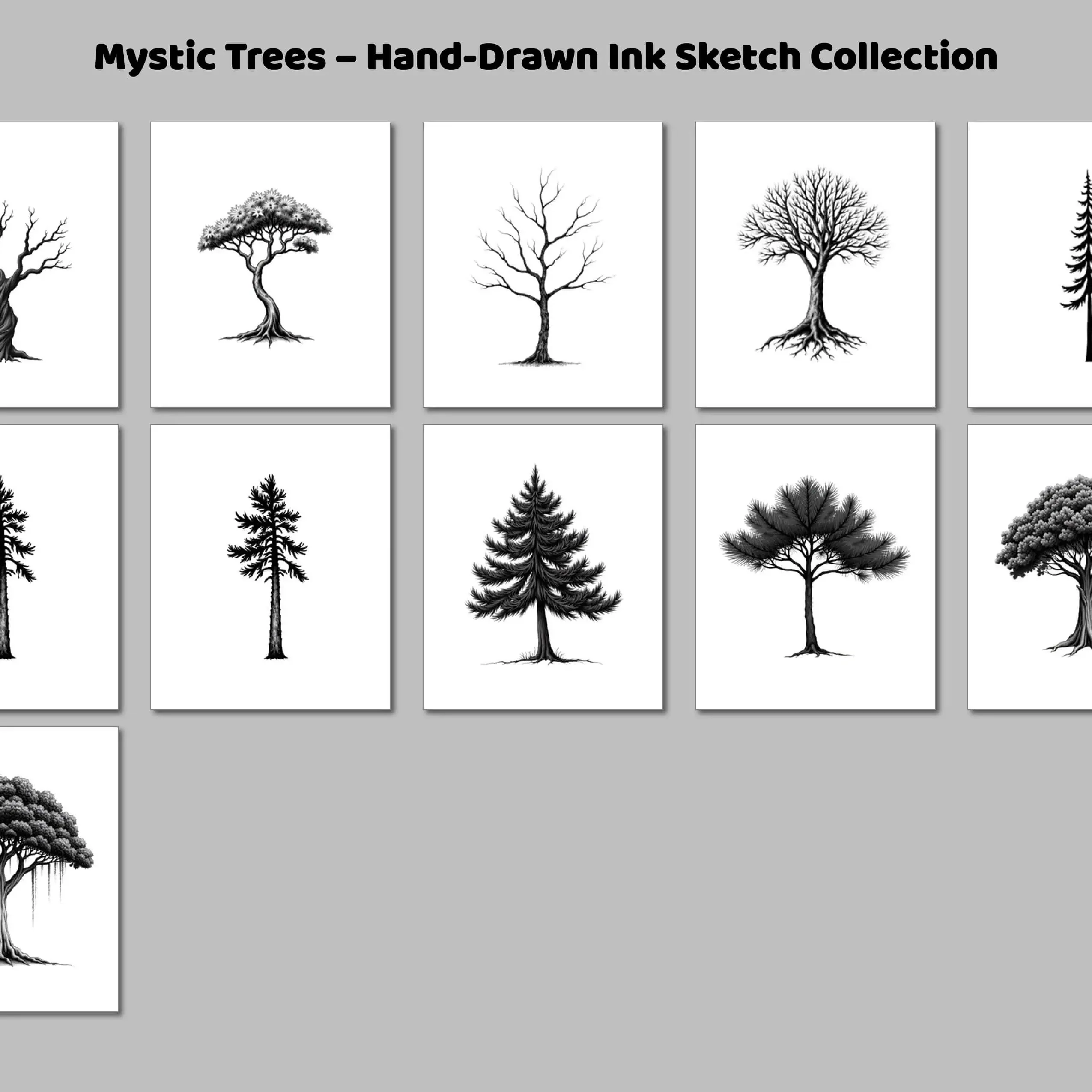 Hand-drawn black ink tree illustration from the Mystic Tree Collection, centered in a white 500x500 frame