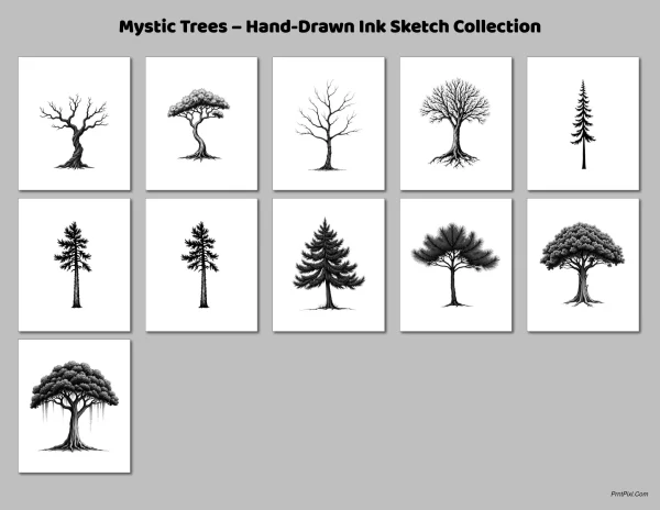 Hand-drawn black ink tree illustration from the Mystic Tree Collection, centered in a white 500x500 frame