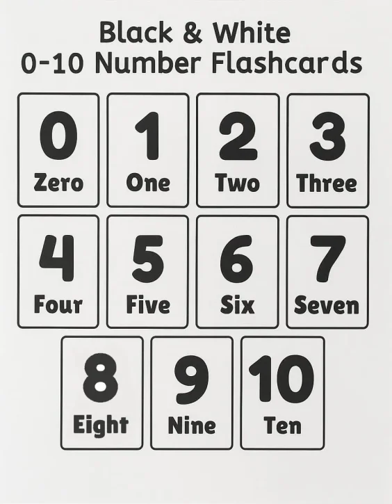 Numbers Flashcards For Toddlers Black and White Only