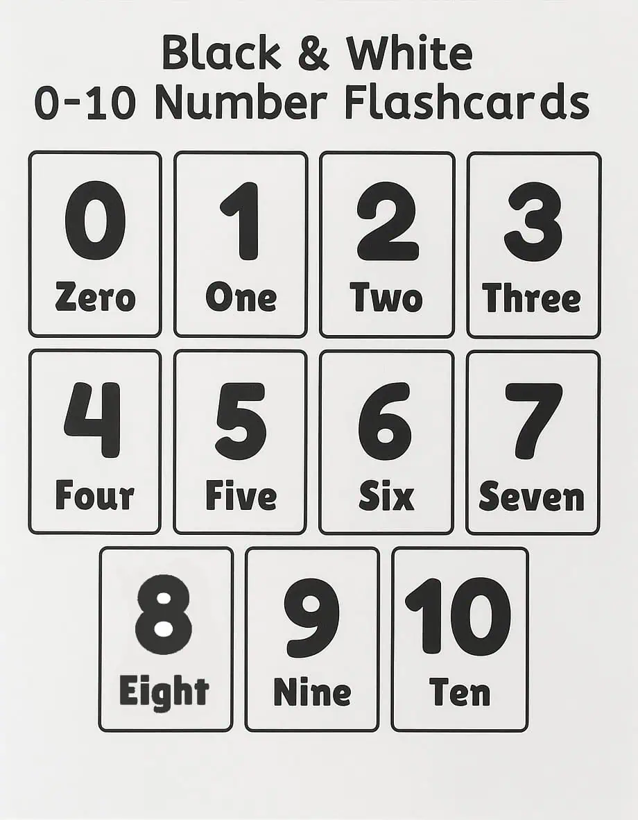 Numbers Flashcards For Toddlers Black and White Only