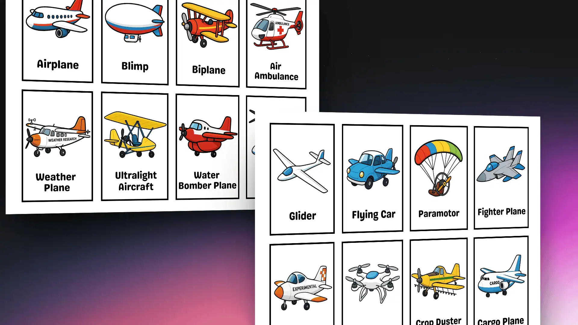 Printable Air Vehicles Flashcards for Preschool Kids