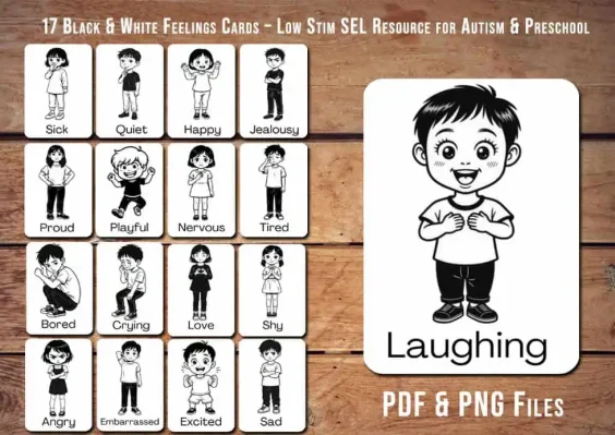 Printable Emotions Flashcards for Kids Black and White SEL Cards