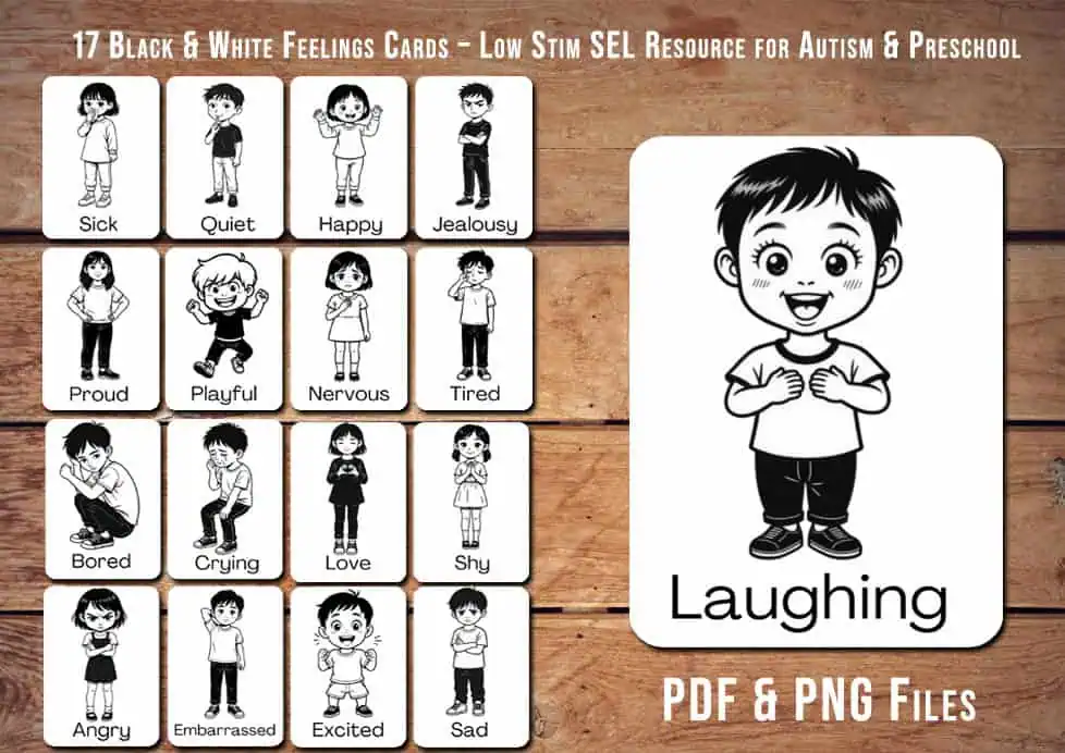 Printable Emotions Flashcards for Kids Black and White SEL Cards