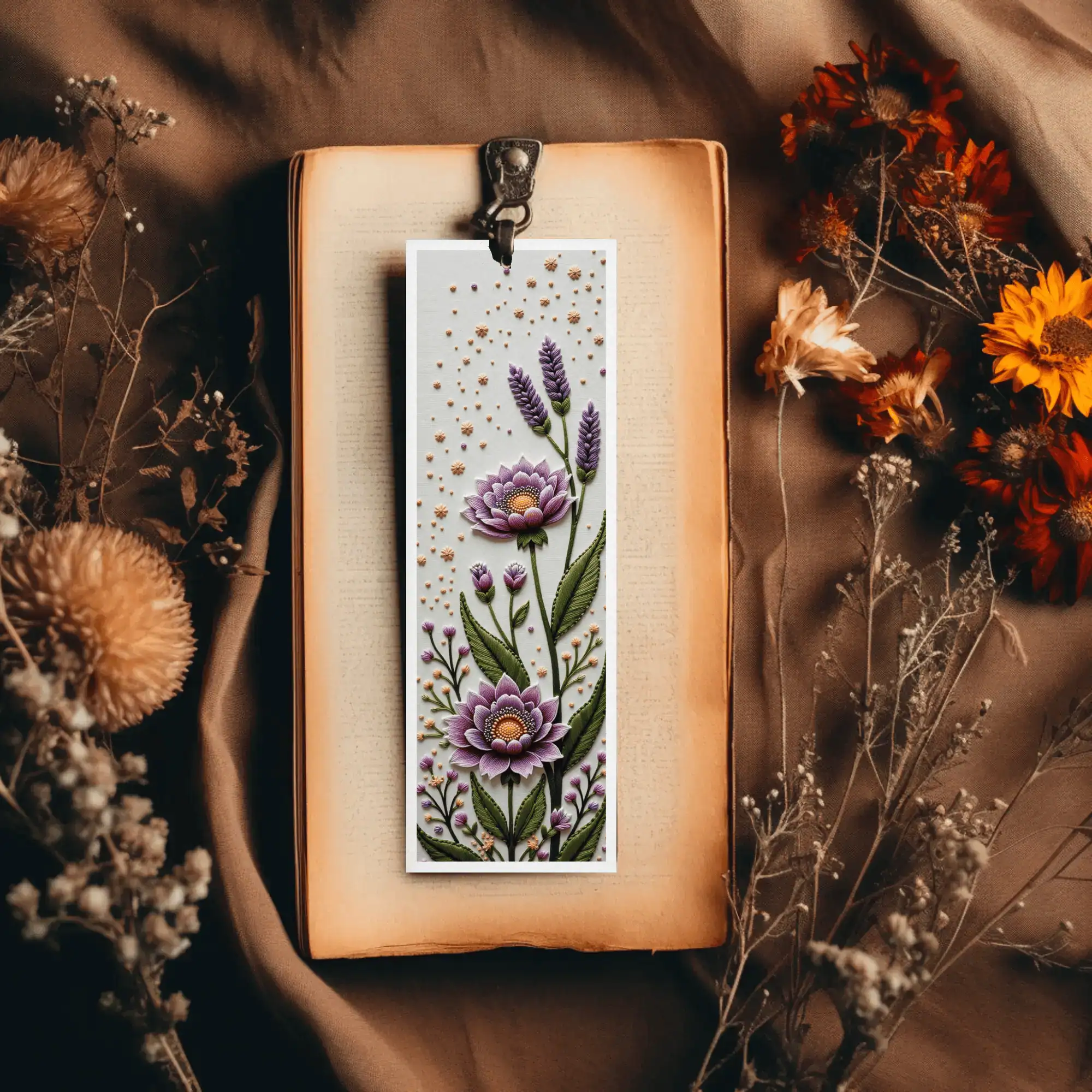 Realistic Embroidered Floral Bookmark Close-Up – Printable Design