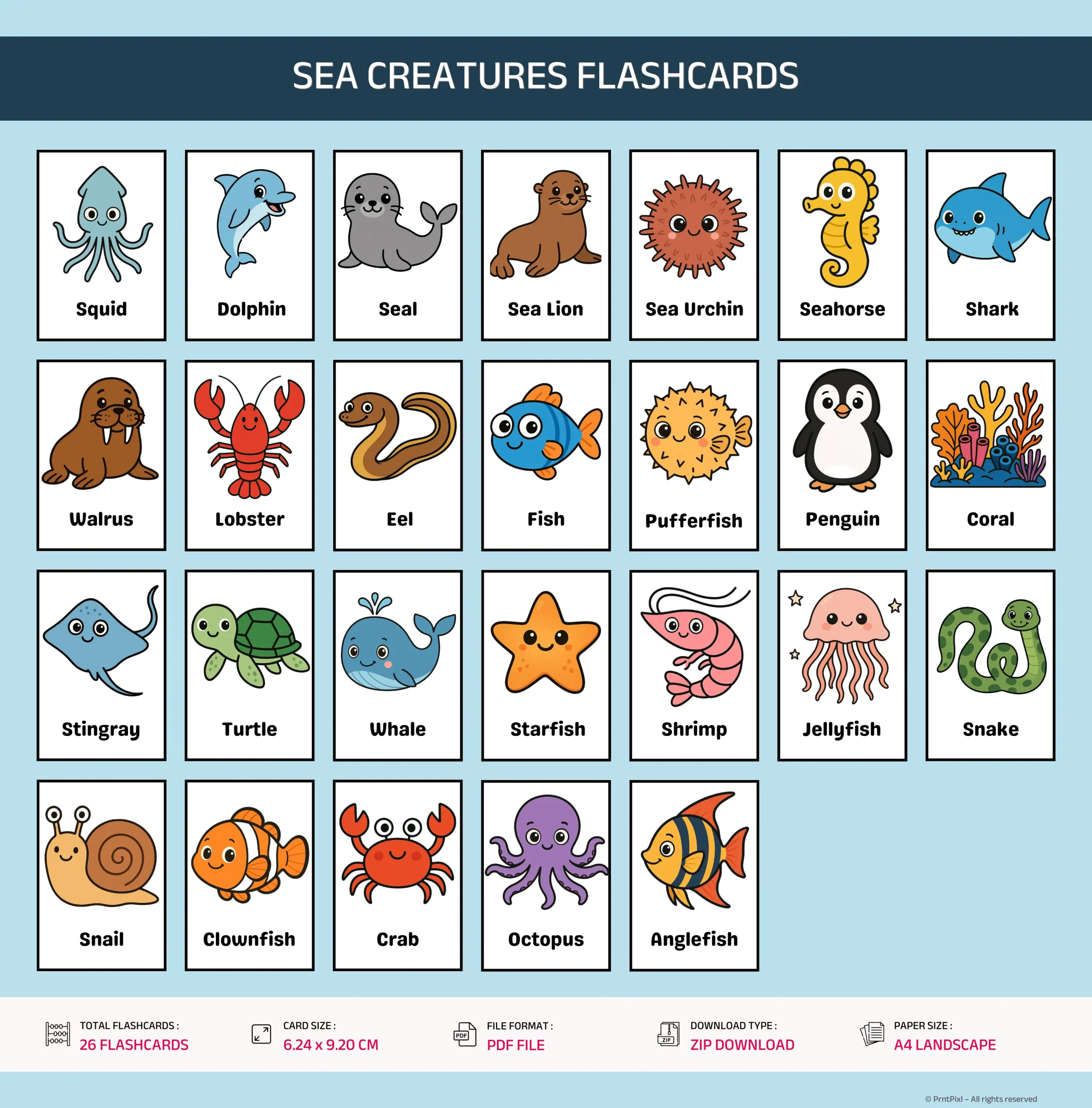 Sea Animals Flashcards For Kids