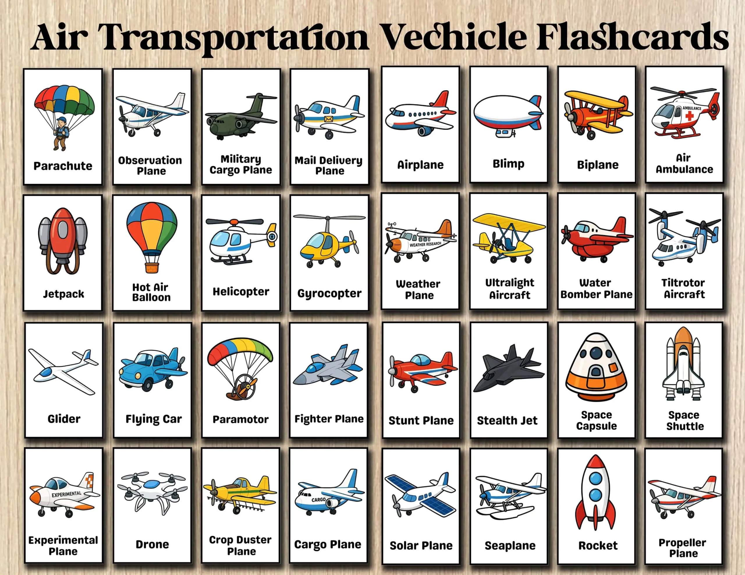 Transportation Flashcards Air Vehicles for Kids