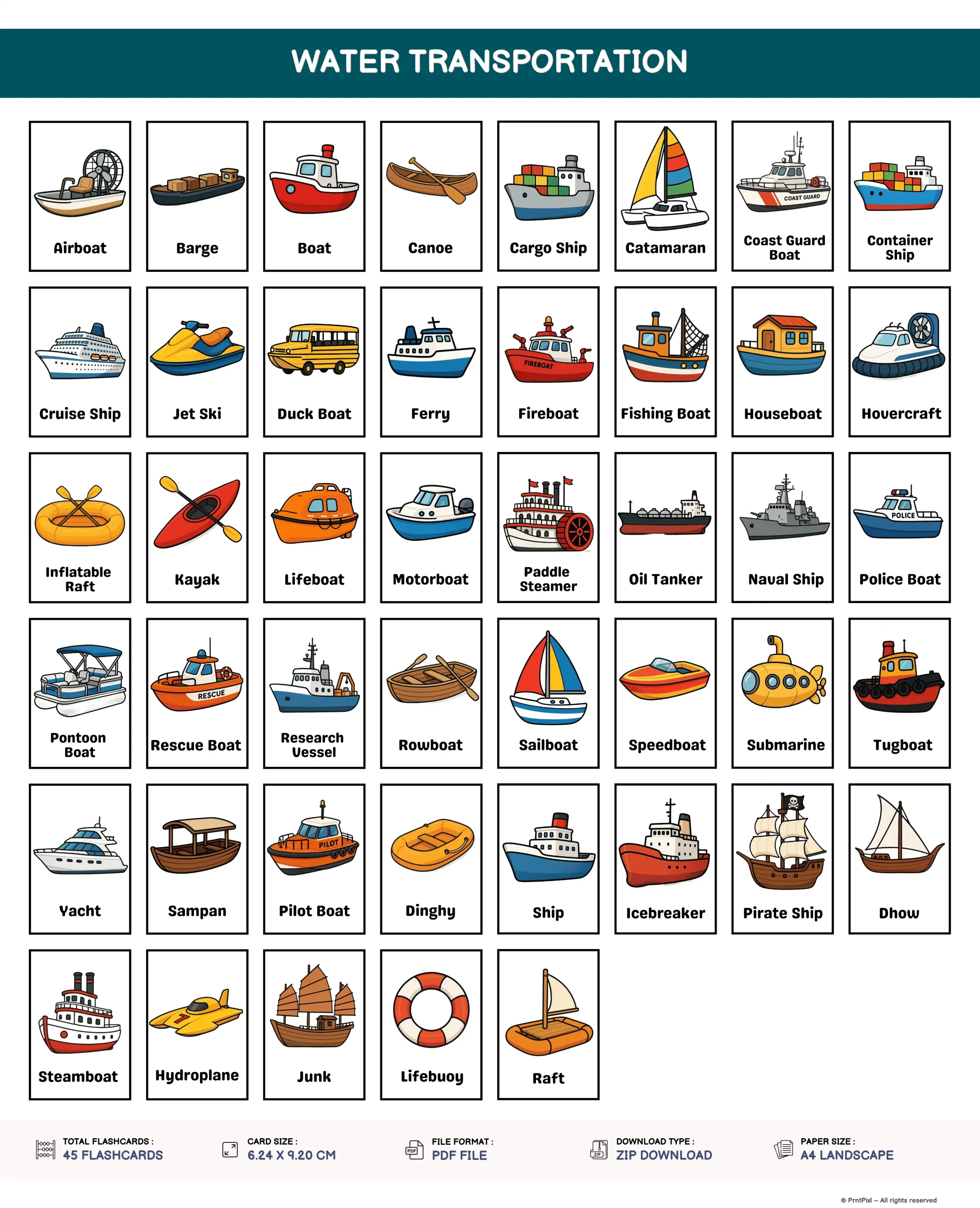 Water transportation for Kids Printable PDF