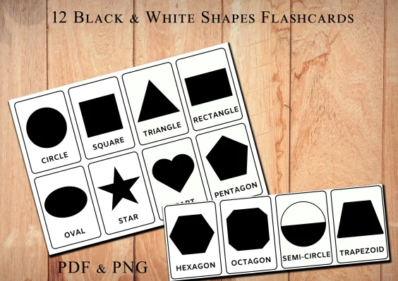 black white shape flashcards printable