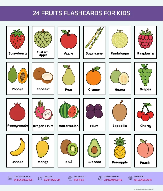 fruits flashcards for kindergarten learning