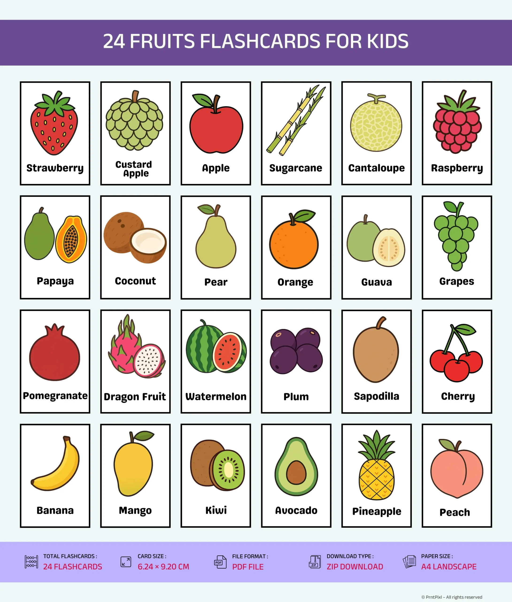 fruits flashcards for kindergarten learning